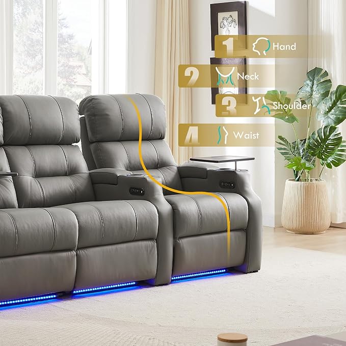 Weilianda Home Theater Seating, Top Grain Leather Sectional Seats Recliner Chair, Zero Gravity Reclining Sofa with Power Headrest 7 Colors Ambient Lighting USB C Charge Row of 2 Grey