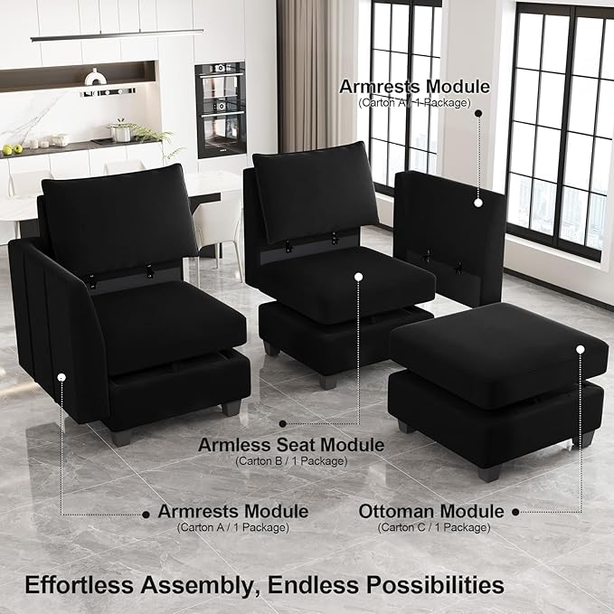 Belffin Modular Sectional Sofa U Shaped Couch with Storage Ottoman Velvet Sectional Couch for Living Room, Black