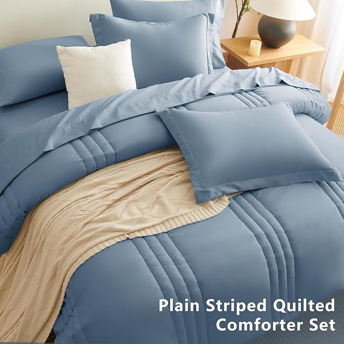 CozyLux Queen Comforter Set - 7 Pieces Bed in a Bag Grayish Blue Comforter Set with Sheets Luxury Bed Set All Seasons, Soft Bedding Set with Down Alternative Comforter, Sheets, Pillowcases & Shams