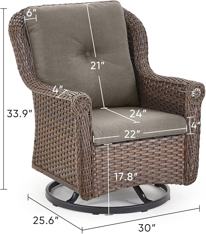 ACTREST Patio Chairs Outdoor Swivel Glider - Set of 2 High Back Outside Brown Wicker Rattan Rocking Chair with Zippered Cushion for Porch Apartment Deck Yard Poolside Garden - Grey