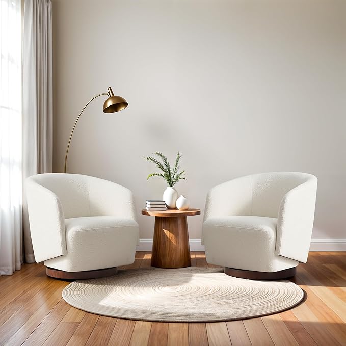 Boucle Swivel Accent Chairs Set of 2, No Assembly Upholstered Armchair with Rubberwood Base, 360° Rotating Living Room Chairs Set of 2 for Bedroom, Apartment & Reading Nook (2, Beige)