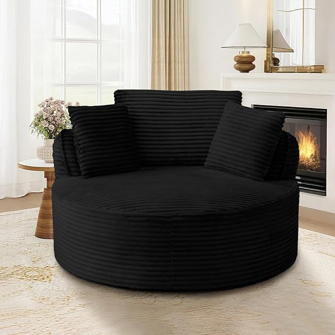 53"W Oversized Round Chaise Longue Chair Indoor,Corduroy Fluffy Comfy Cloud Chair,Circle Bean Bag Sofa with Foam Filling & Pillows,Boneless Reading Cozy Sofa Chairs for Living Room,Bedroom,Black