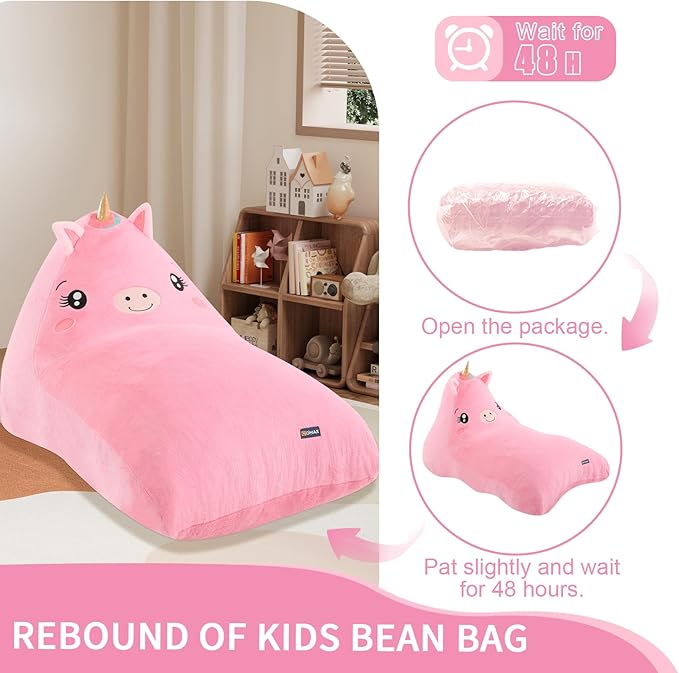 COMAX Unicorn Bean Bag Chairs for Kids, Large Kid Beanbag Chair with Filler, Big Toddler Lounge Bean Chair, Children Lazy Floor Lounger for Girls Boys, Pink