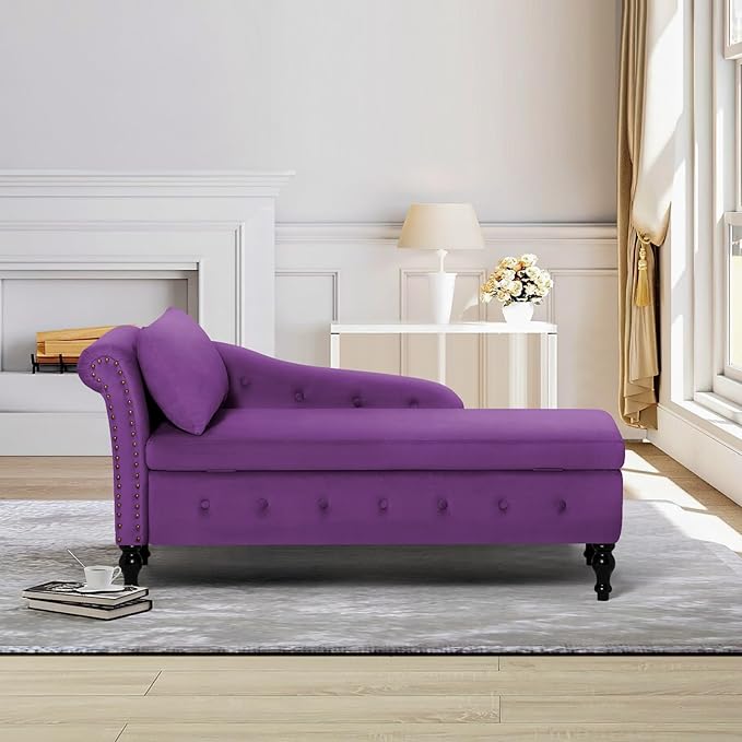 ACMEASE Velvet Chaise Lounge with Left Armrest & Storage Space,Button Tufted Lounge Chair w/Lumbar Pillow,Modern Upholstered Lounge Chair for Bedroom, Living Room and Office,Purpel