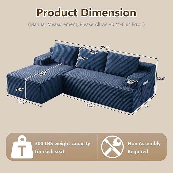 96.1" Modular Sectional Sofa Couches L-Shape Couch 3 Seat Modular Sofa Corduroy Memory Foam Sectional Boneless Couches for Living Room, Cloud Couch with Oversized Chaise(Blue, Left Facing)