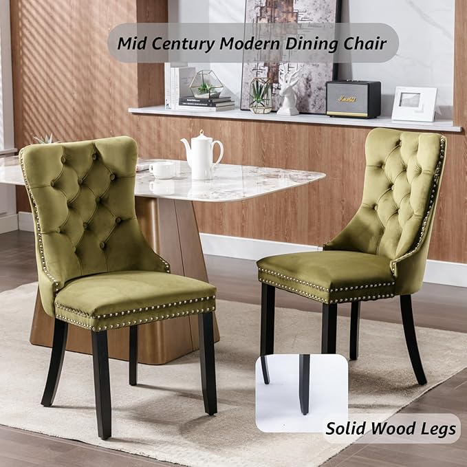 YeahFurn Olive Mid Century Modern Dining Chairs Set of 4, Velvet Upholstered Kitchen & Dining Room Chairs with Nailhead Trim & Solid Wood Legs, Elegant Sillas De Comedor (Olive, 4 Pcs)