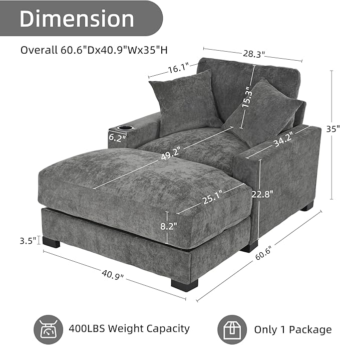Oversized 60" Chaise Lounge Sofa, Chaise Lounge Recliner with Adjustable Backrest, Built-in Cup Holder USB and Type-C Port, 2 Pillows, Sleeper Couch with Deep Seat for Living Room, Bedroom, Gray