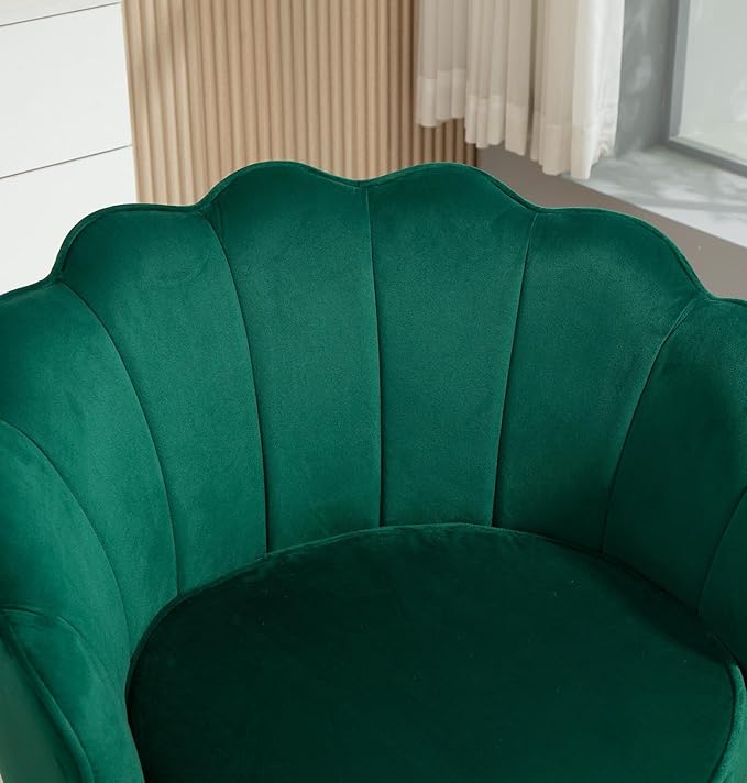 Container Furniture Direct Velvet Barrel Accent Chair with Scalloped Silhouette and Gold Metal Legs, Decorative Piece Suitable for Traditional, Modern, and Contemporary Spaces, Green