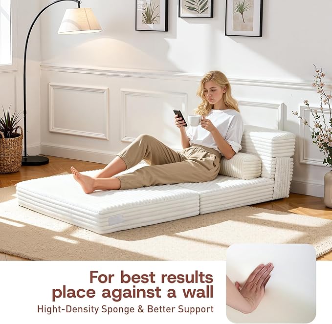 Folding Sofa Bed,Convertible Sofa Bed with Armrest Foldable Sleeper Chair, Portable Folding 4-in-1 Floor Sofa with Convertible Lounge Chair for Living Room,Bedroom,Washable Cover,White Single