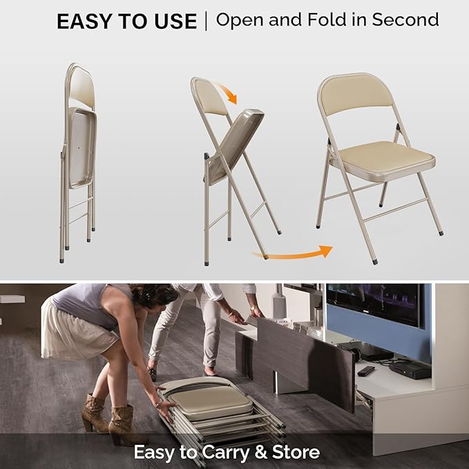 VINGLI 2 Pack Folding Chairs with Padded Seats, Metal Frame with Pu Leather Seat & Back, Capacity 350 lbs, Set of 2, Khaki