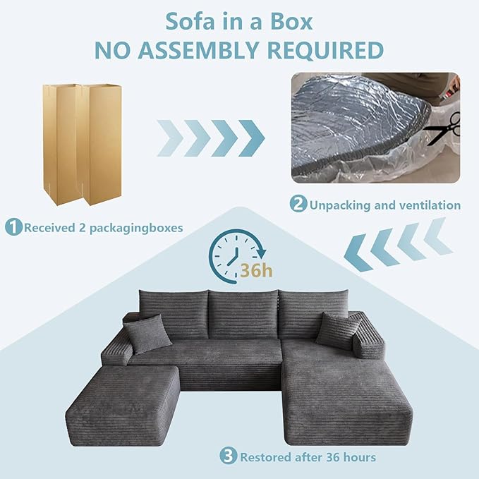 95" Cloud Sectional Couch with Ottoman,Modern U-Shaped Cloud Couch with Deep Seat,Comfy Corduroy 3-Seater Sofa,Memory Foam Sofa for Living Room,No Assembly (Dark Gray,Right-Facing Chaise)