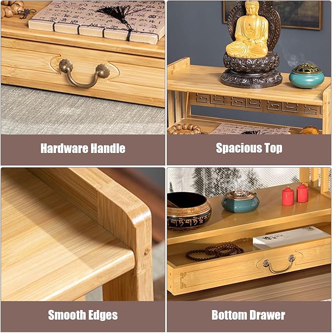 Low 3-Tier Meditation Table with Drawer,Bamboo Altar Tables,Puja Desks,Tatami Desk,27.2”W,Wood Color