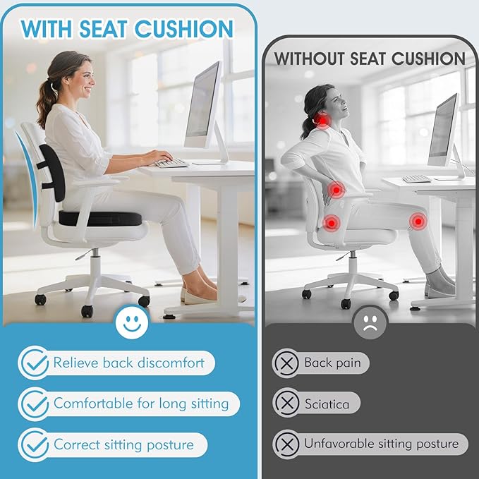 Seat Cushion, Lumbar Support Pillow with Adjustable Strap-Chair Cushions for Sciatica Pain Relief-with Washable Cover Memory Foam for Car, Travel and Wheelchair-Black
