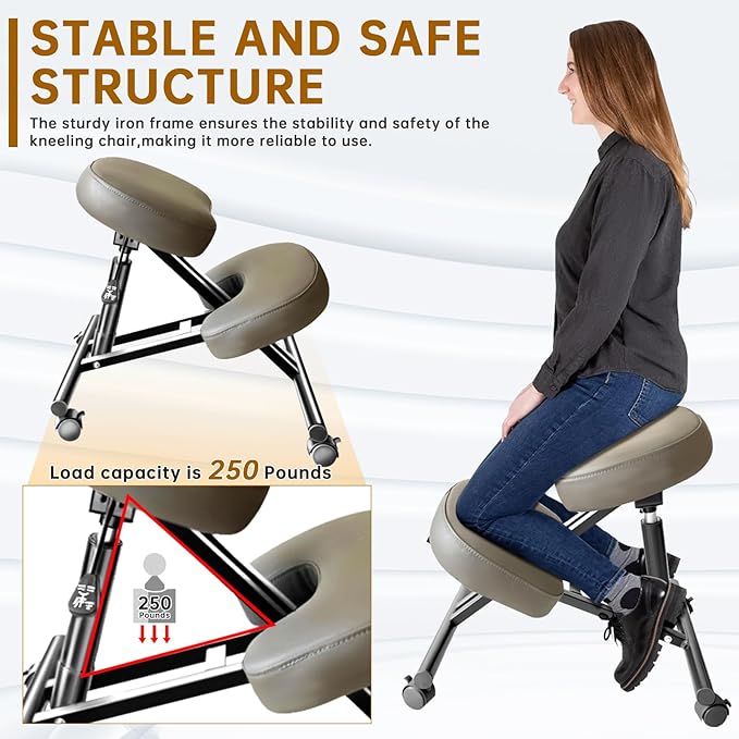 PU Leather Ergonomic Kneeling Chair, Adjustable Home and Office Stool with Thick Pads and Flexible Lockable Brake Wheels for Back Pain Relief（Dark Brown）