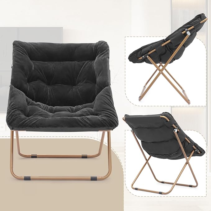 Athena Collection Saucer Chair for Adult, Square Comfy Cozy Chair Folding Chair Faux Fur Metal Frame Foldable Reading Chair Accent Chair for Bed Room Living Room, Black