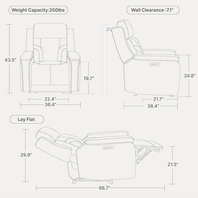 Watson & Whitely Genuine Leather Electric Recliner Chairs for Adults, Lay Flat Recliner with Power Headrest & Chargers for Living Room, Navy