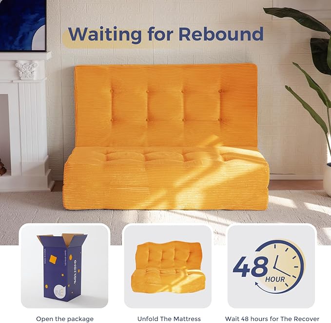 MAXYOYO Tri-Fold Mattress, 6 Inch Tufted Folding Futon Foam Bed, Foldable Floor Mattress Guest Bed Futon Topper Portable Camping Sleeping with Corded Fabric, Orange, 35.4"x75"