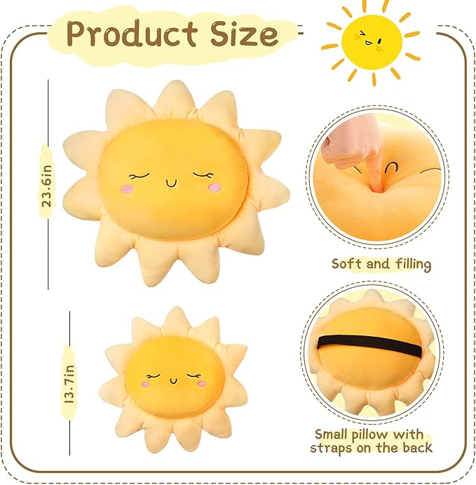 2 Pcs Plush Sofa Cushion Cute Stuffed Sun Shaped Floor Pillow Car Throw Pillow Soft Toy for Kids Women Girls Bedside Home Decoration 13.7 Inch, 23.6 Inch