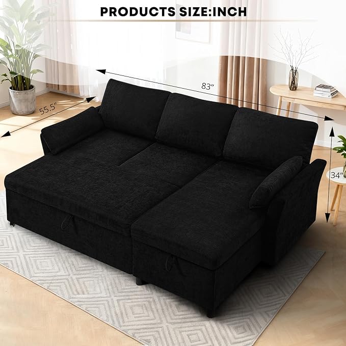 ACMEASE 83 Inches Fabric Sectional Sofa with Pull Out Sofa Bed, Modern L Shaped Sofa with Throw Pillows, Comfortable Sleeper Couch with Storage Chaise for Living Room, Black