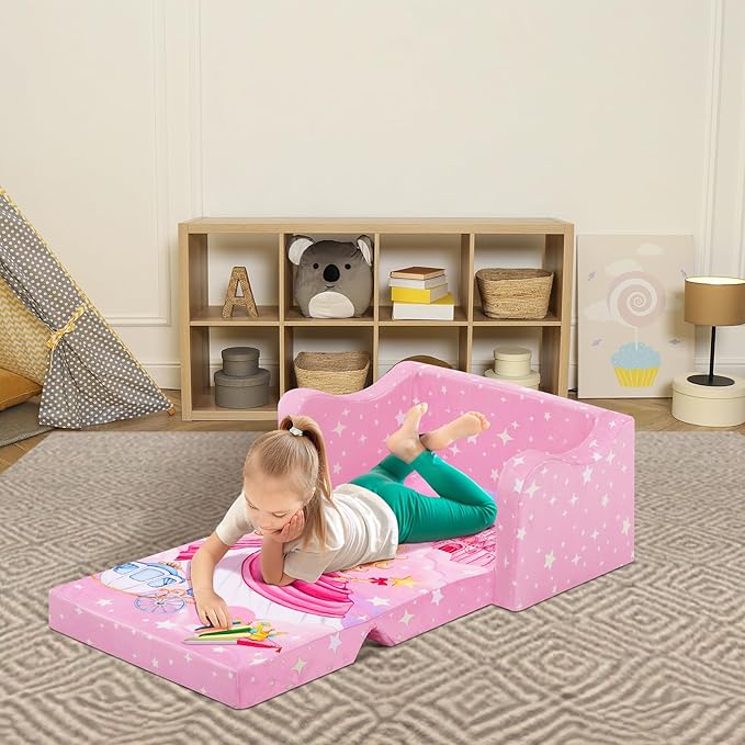 alldomess Comfy Kids Couch, 2-in-1 Folding Kids Sofa Bed for Toddler Girls, Convertible Sofa to Lounger Toddler Couch Chair for Baby Bedroom Playroom Nursery,Princess
