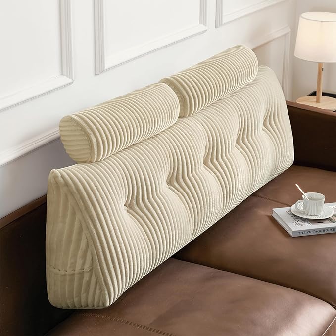 Z-hom Large Wedge Pillow Headboard, Queen Triangular Headboard Pillow, Reading Pillow Bed with a Roll Pillow for Bed Sitting Up Sleeping, Backrest Cushion Headboard Gap Pillow for Back, Beige Cream