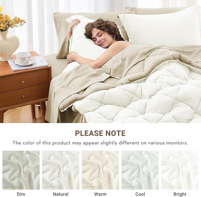 MUXHOMO 7 Pieces King Comforter Set, Reversible Bed in a Bag King Size, All Season Bedding Set with Comforter, Flat Sheet, Fitted Sheet, Pillowcases & Shams, Ivory & Khaki