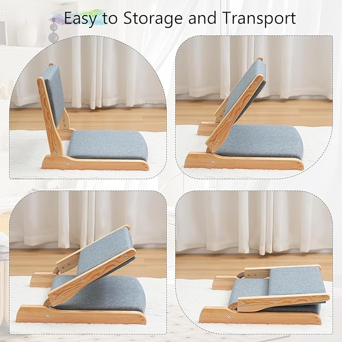 Japanese Floor Chair with Back Support, Foldable Meditation Chair, Legless Tatami Chair with Cushion, Floor Seat for Living Room, Bedroom, Bay Window (2, Dark Gray)