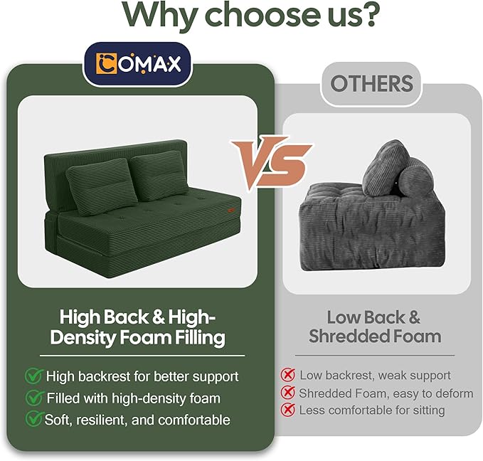 COMAX Folding Sofa Bed, Foldable Couch for Bedroom, Convertible Floor Sleeper Futon Chair Foam, Corduroy 3 in 1 Fold Out Chair Portable Comfy Lounge Couch Sofa Bed for Small Space, Full, Green