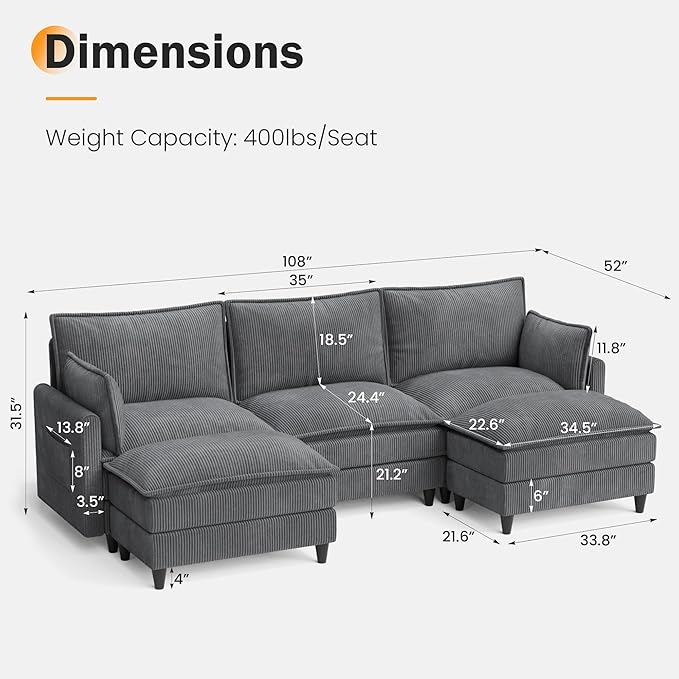 Apicizon 108" Cloud Couch Sectional, 3-Seat Deep Cloud Sofa with Ottoman, Modern U Shape Sectional Sofa Corduroy for Living Room, Apartment, Office, Grey