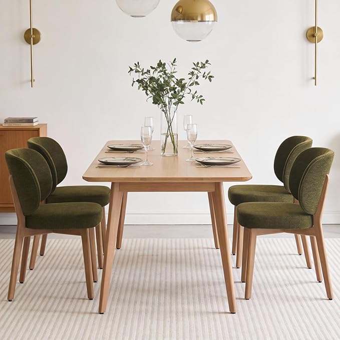 YOUNUOKE Upholstered Dining Chairs Set of 4, Modern Chenille Fabric Dining Room Chair with Wood Legs, Widen Backrest Comfy Armless Side Kitchen Chairs, Green