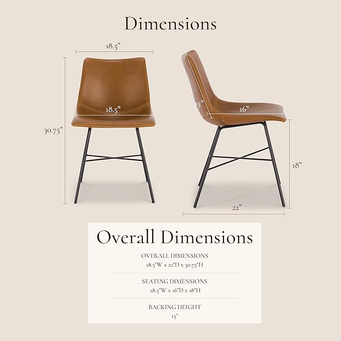 POLY & BARK Paxton Leather Dining Chairs – Set of 2 Modern Dining Room Chairs with Low Back – Faux Leather Upholstery and Matte Black Steel Base – Comfortable Seating for Stylish Interiors – Tan