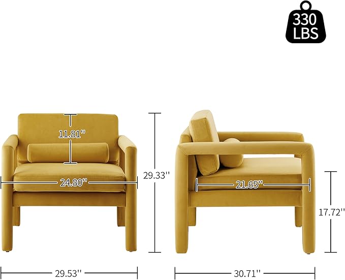 Art Leon Modern Accent Chair, Velvet Upholstered Arm Chair with Pillow, Single Sofa Chair for Living Room Bedroom, Yellow