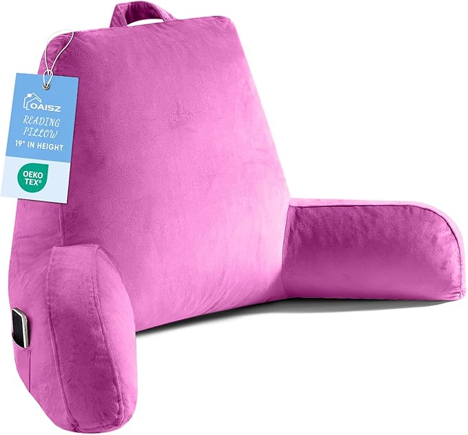 OAISZ Reading Pillow for Sitting in Bed Adult, X-Large Reading Pillow with Shredded Memory Foam, Back Pillow for Sitting Up with Extend Arms, Pockets, Bed Pillow with Washable Cover, Rose Red