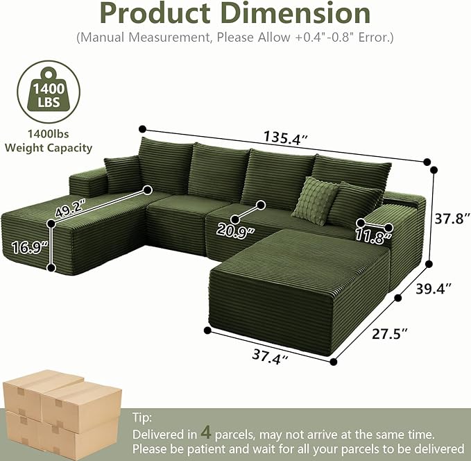 Lakifun 135" L-Shape Sofa with Ottoman, Modern Modular Sectional Comfy U-Shape Cloud Couch, Deep Seat, Upholstered Corduroy Sleeper Chaise Longue for Living Room Bedroom, No Assembly Required, Green