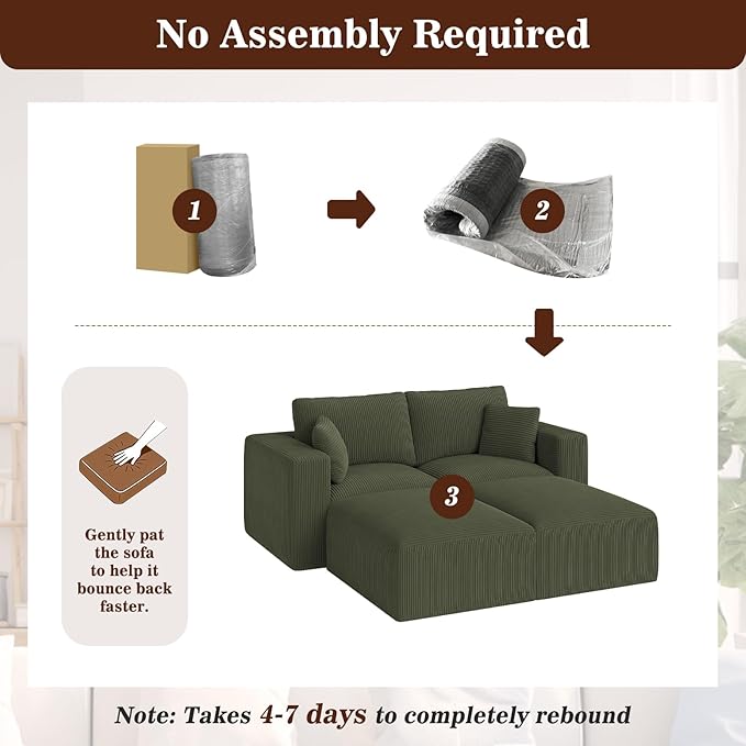 79" Modular Sectional Sofa, Cloud Couch Loveseat Memory Foam Boneless Couch with Chaise, Cozy Upholstered Corduroy Floor Couch, No Assembly Required Living Room Furniture for House Home, Green