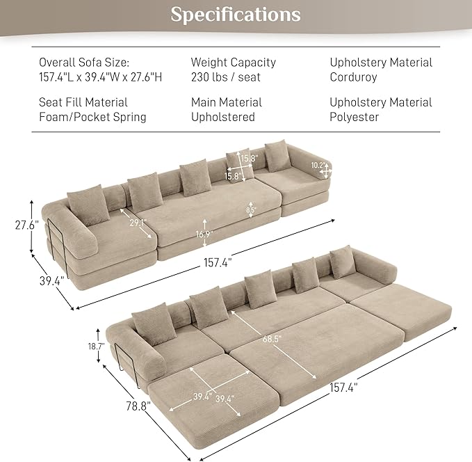 DAMAIFROM 157" Convertible Sleeper Sofa Bed Set with Pillow, 4-in-1 Corduroy Folding Mattress Boneless Couch with Fixed-Shape Frame, Fold Out Floor Sofa Cama Lounge Couch for Living Room, Light Brown