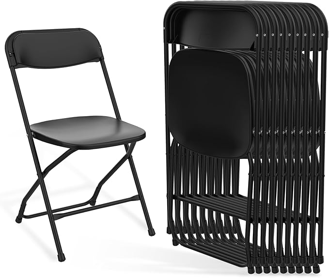 Folding Chairs 10 Pack, Plastic Folding Chairs for Outside, Heavy Duty Foldable Chairs, Sturdy Metal Folding Chairs, 350 lbs Capacity, for Patio, Garden, Camping, Black
