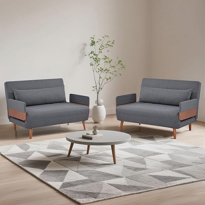 CITTANEO 2 Sets 45" Convertible Sleeper Chairs, 3-in-1 Chair Bed Sleeper for Adults with Adjustable Backrest, Pillows & Wooden Arms, 2 Piece Sofa Bed and Loveseat Sets for Living Room, Office, Gray
