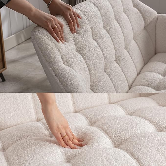 QUINJAY 48" Small Loveseat Sofa, Modern Sherpa Mini Sofa Couch 2-Seater Fluffy Love Seat with Quilting Backs and Wood Legs for Living Room, Bedroom and Small Space, White