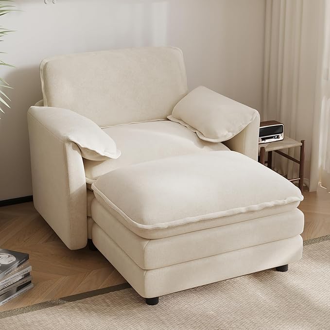 DAMAIFROM Oversized Chaise Lounge Chair Indoor with Ottoman, Firm Solid Wood Frame with Long Service Life Chenille Oversized Lounge Reading Chair for Study Room - Beige White
