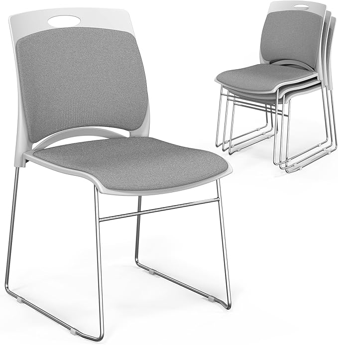VINGLI Stackable Chairs Set of 4, Stacking Office Chairs with Metal Sled Base, Ergonomic Plastic Padded Seat & Back, Capacity 350lbs, Stacking Chairs for Waiting Room Break Room Banquet Guest, Gray