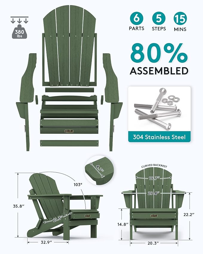 SERWALL Foldable Adirondack Chair Set of 2 for Patio Garden Outdoors Fire Pit Chairs-Avocadogreen