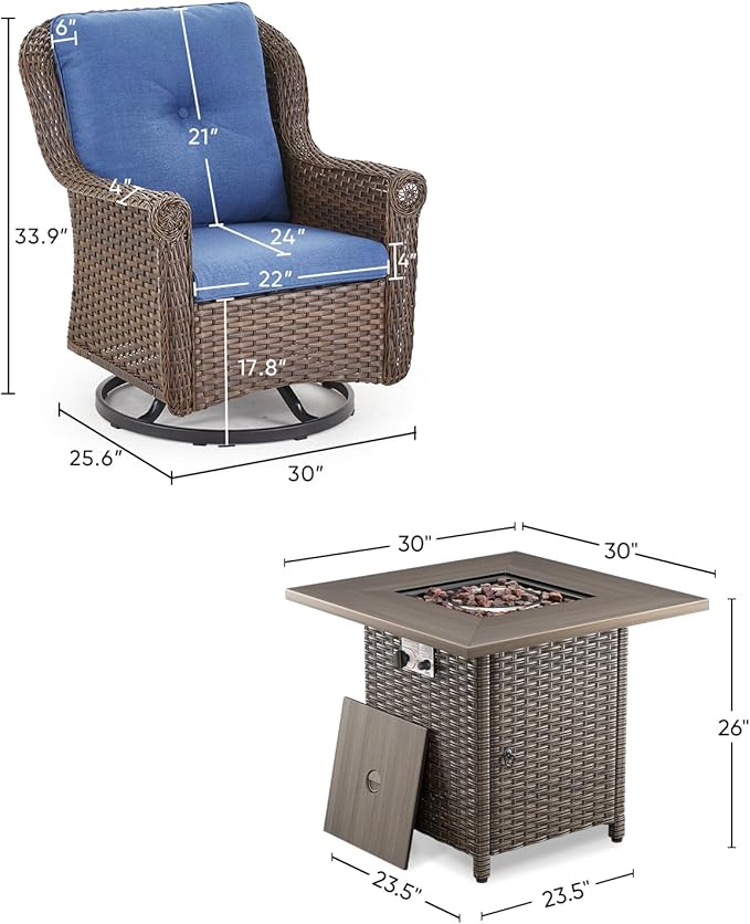 ACTREST Outdoor Patio Swivel Gliders with Fire Pit Table 5 Piece Set - High Back Brown Wicker Rattan Rocking Chair with Thick Cushion for Porch Apartment Deck Yard Poolside Garden - Navy Blue