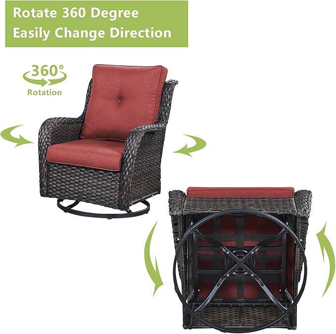 Rilyson Wicker Patio Furniture Set - 4 Piece Rattan Outdoor Sectional Conversation Sets with 2 Swivel Rocking Chairs,2 Ottomans for Porch Deck Garden(Brown/Red)