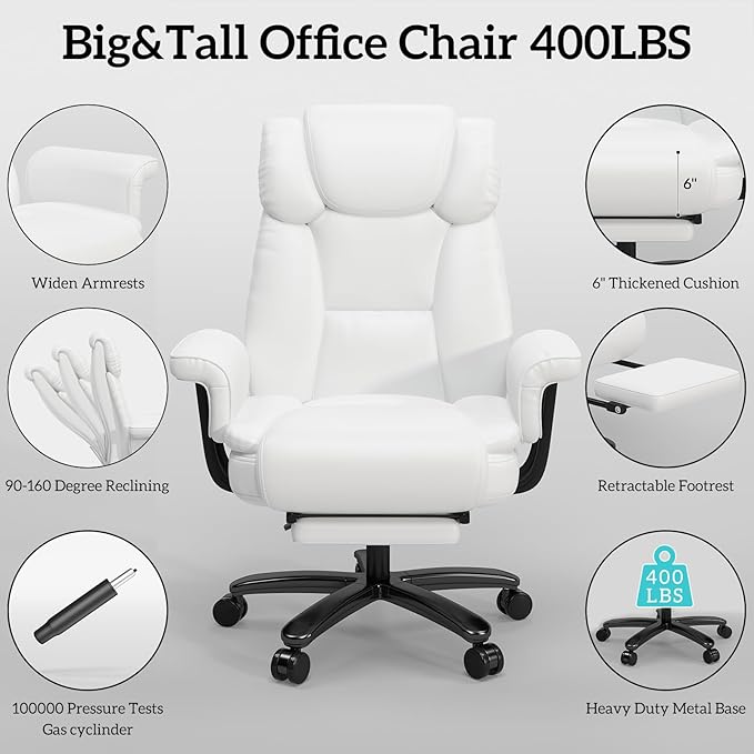 GYI Criss Cross Chair with Wheels, 160°Big and Tall Reclining Office Desk Chair with High Back, Wide Seat, Arms, Footrest, White