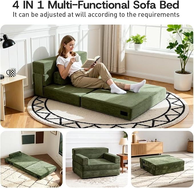 Folding Sofa Bed,Convertible Sofa Bed with Armrest Foldable Sleeper Chair, Portable Folding 4-in-1 Floor Sofa with Convertible Lounge Chair for Living Room,Bedroom,Washable Cover,Green Single