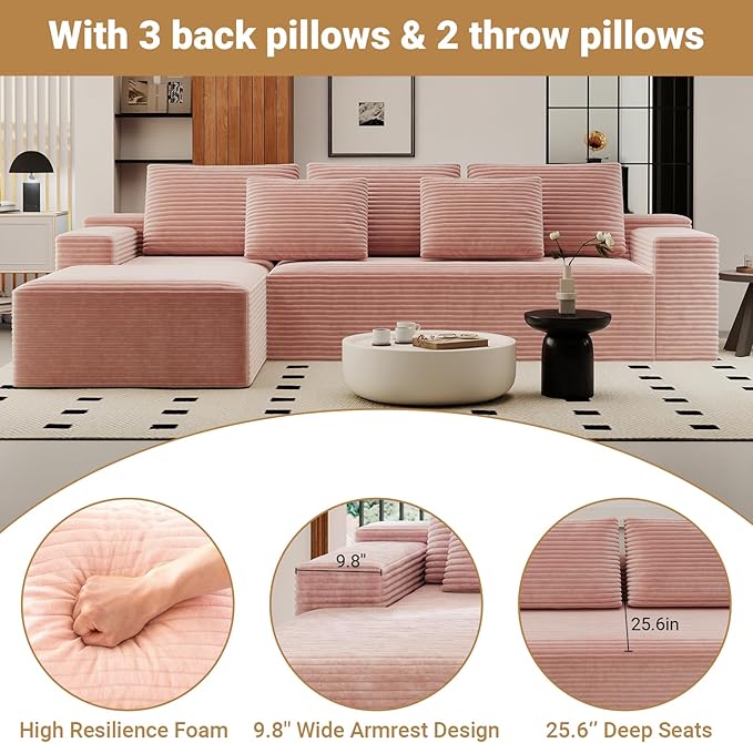KAPEETOO Modular Sectional Sofa Cloud Couch for Living Room, L Shaped Boneless Couch with Chaise Longue, Oversize 3-Seater Sectional Sleeper Sofa Set with Deep Seat Bedroom (Left Chaise Pink)