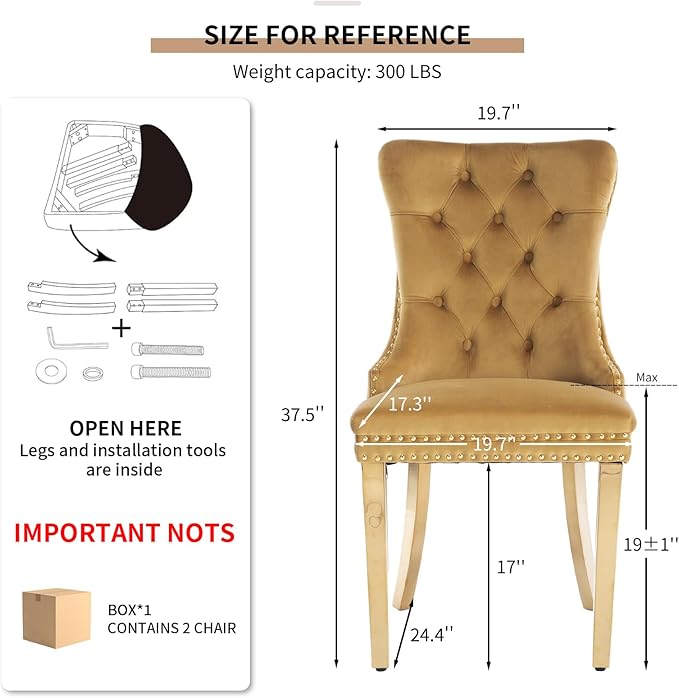 YeahFurn Mid Century Modern Dining Chairs Set of 2, Yellow Velvet Upholstered Tufted Back, Kitchen & Dining Room Chairs, Gold Metal Legs, Nailhead Trim, Sillas para Comedor (Yellow, 2 Pcs)