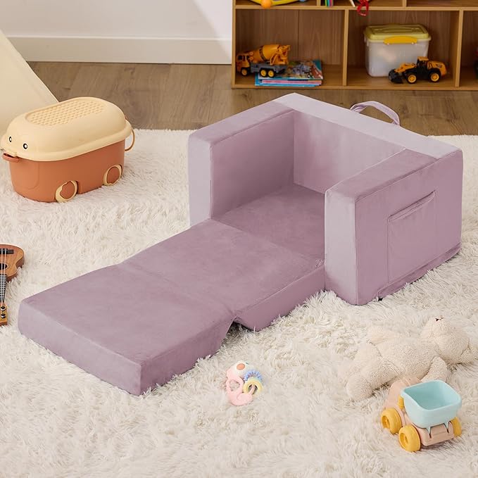 Kids Couch, 2-in-1 Toddler Chair Comfy 1-3 Years, Convertible Kids Chair, Toddler Couch That Fold Out, Kid Lounge Chairs for Boys and Girls, Soft Coral Fleece, Single, Purple