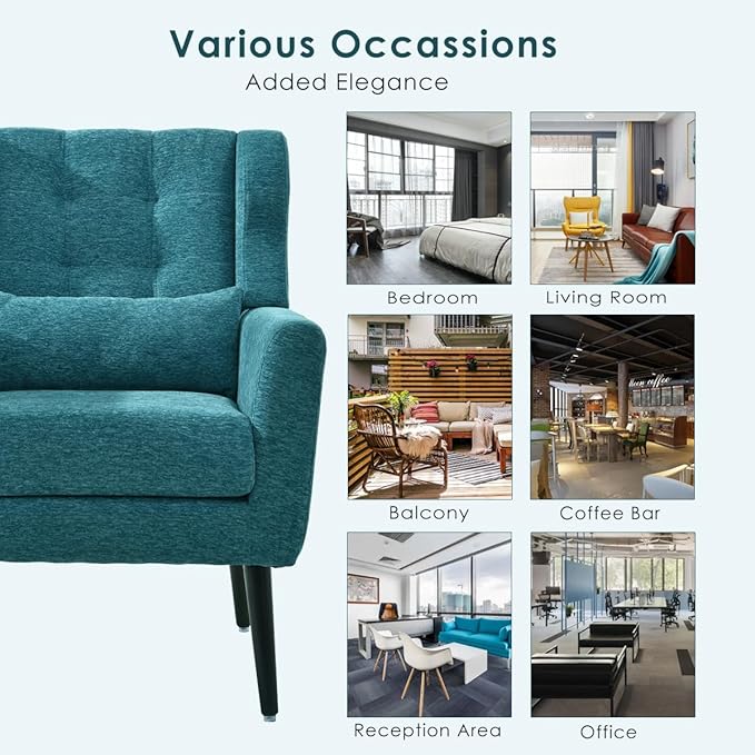 QKFF Accent Chair Set of 2, Upholstered Armchair with Pillow, Fabric Single Sofa Chair with Lounge Seat and Wood Legs Accent Chair for Living Room Small Spaces (Teal)